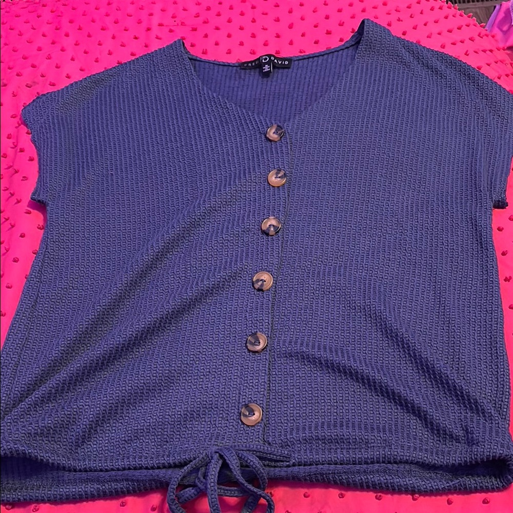 Fred David Blue Ribbed Short Sleeve Button Down Shirt